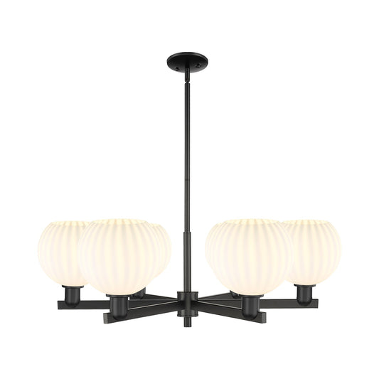 Innovations Lighting Arcadia 38in 6-Light Chandelier | Industrial Matte Black Steel and White Venetian Glass | Dining Room & | Model 716-6CR-BK-G1217-8WV