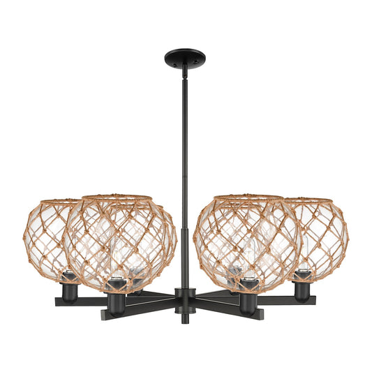 Innovations Farmhouse Rope 40in 6-Light Chandelier | Industrial Matte Black Steel and Clear Glass with Brown Rope | Dining | Model 716-6CR-BK-G122-10RB