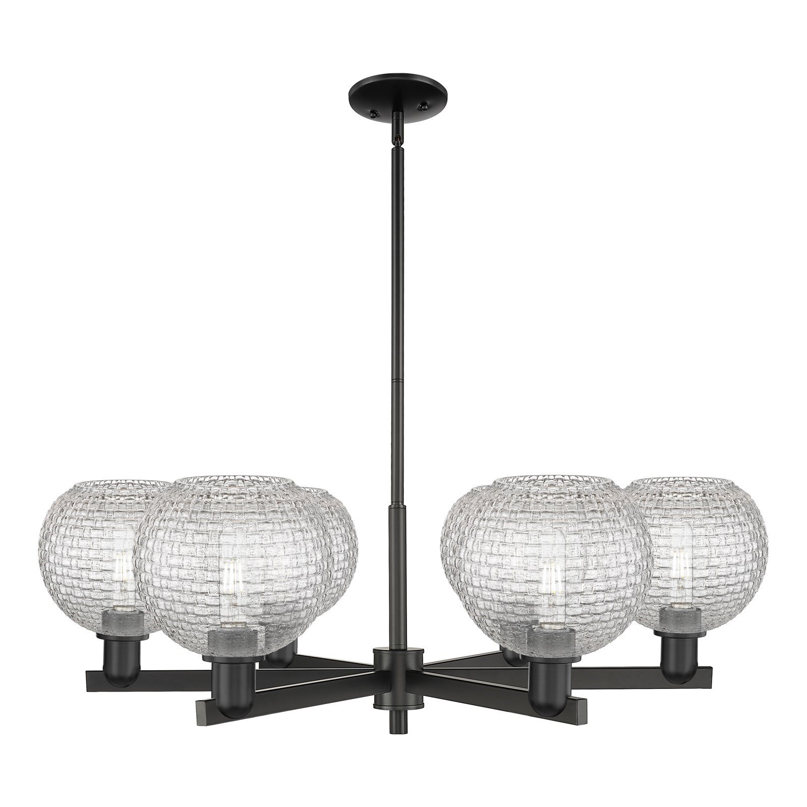 Innovations Athens 38in 6-Light Chandelier | Industrial Matte Black Steel and Clear Basket Weave Glass | Dining Room & Living | Model 716-6CR-BK-G122C-8CL