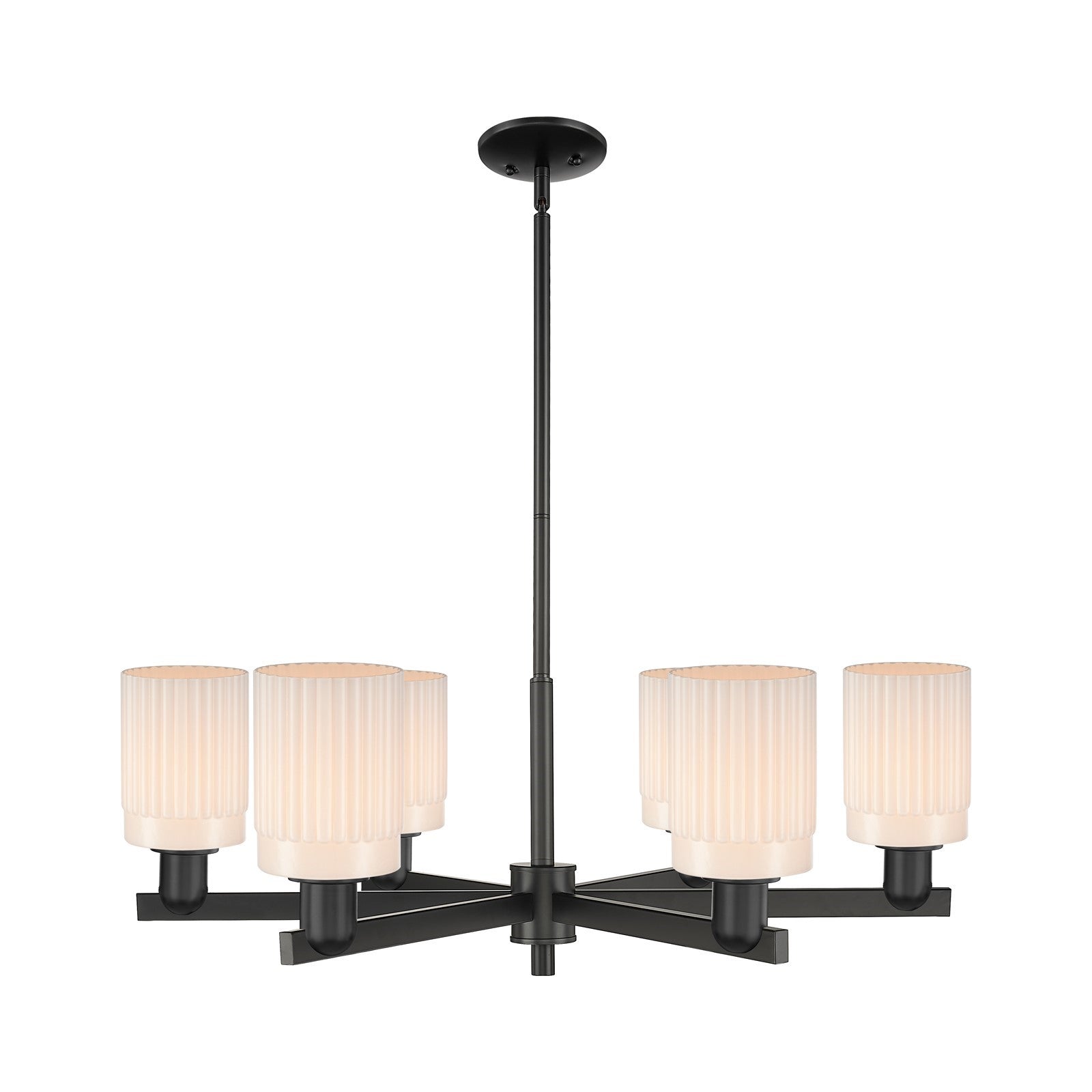 Innovations Hadley 34in 6-Light Chandelier | Industrial Matte Black Steel and Matte White Ribbed Glass | Dining Room & Living Room | Model 716-6CR-BK-G341