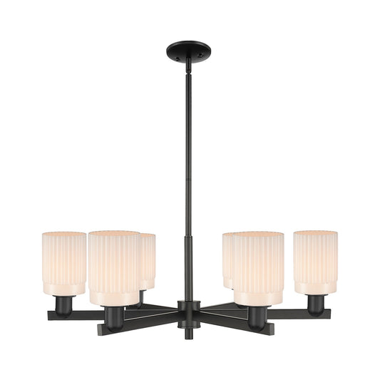 Innovations Hadley 34in 6-Light Chandelier | Industrial Matte Black Steel and Matte White Ribbed Glass | Dining Room & Living Room | Model 716-6CR-BK-G341