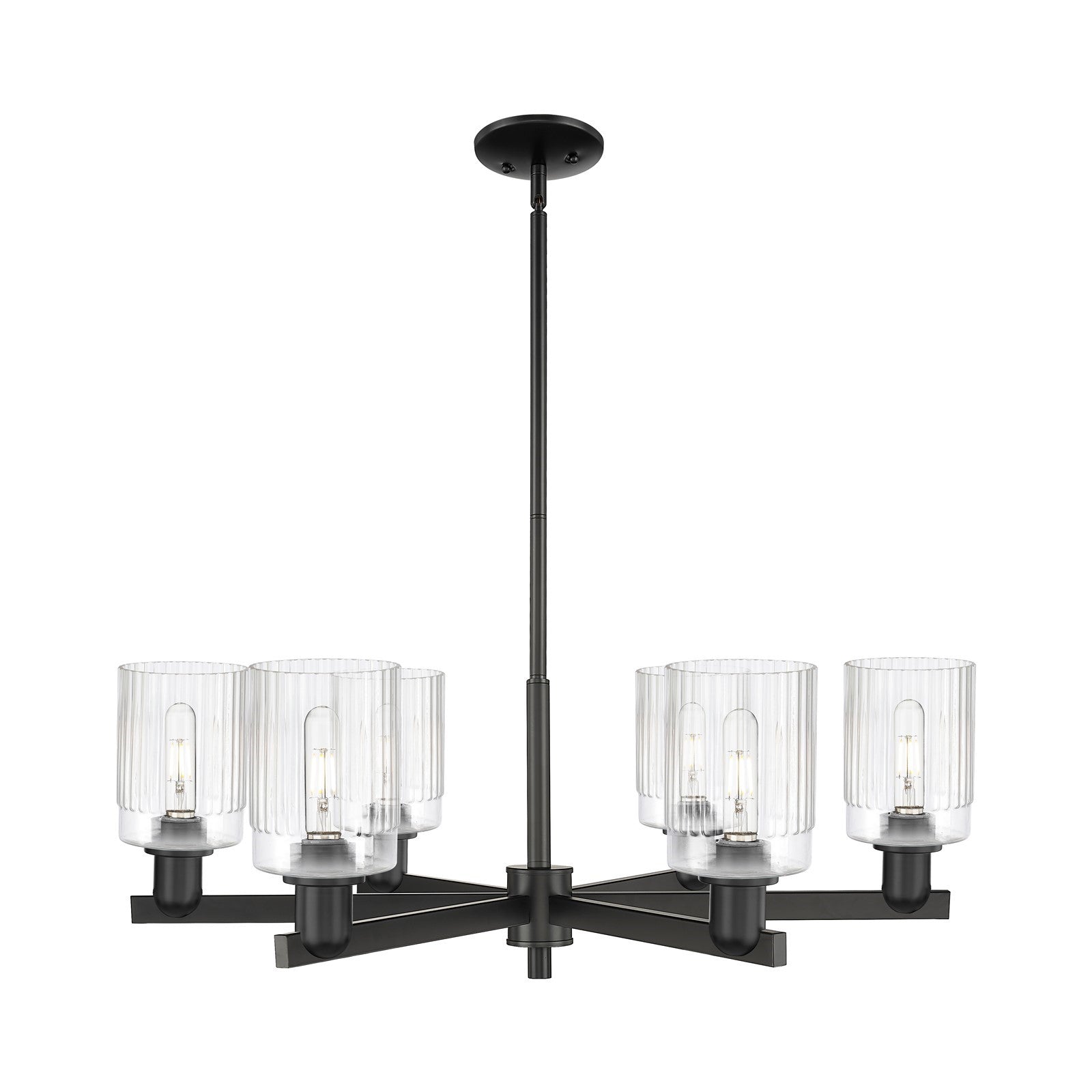 Innovations Hadley 34in 6-Light Chandelier | Industrial Matte Black Steel and Clear Ribbed Glass | Dining Room & Living Room | Model 716-6CR-BK-G342