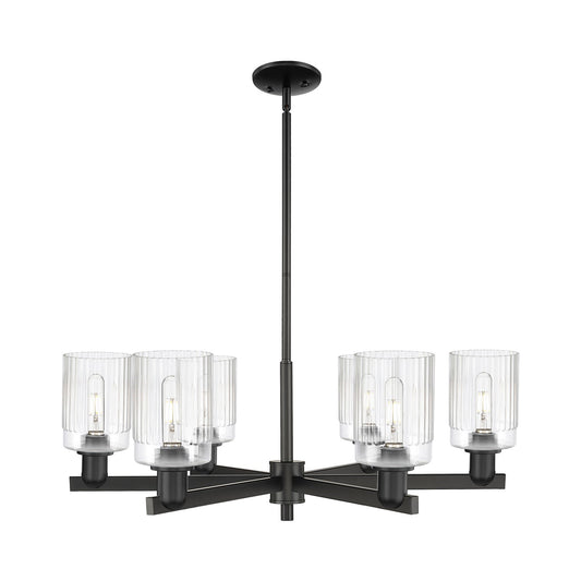 Innovations Hadley 34in 6-Light Chandelier | Industrial Matte Black Steel and Clear Ribbed Glass | Dining Room & Living Room | Model 716-6CR-BK-G342