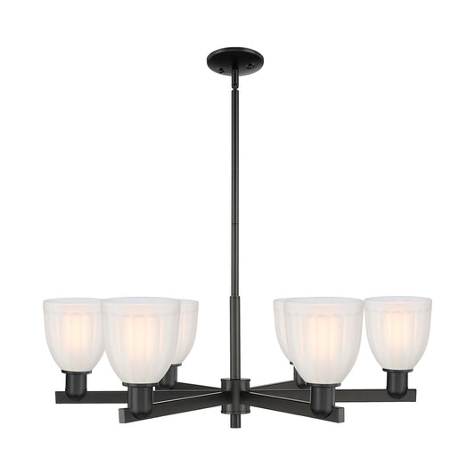 Innovations Brookfield 36in 6-Light Chandelier | Industrial Matte Black Steel and White Frosted Ribbed Glass | Dining Room & | Model 716-6CR-BK-G441