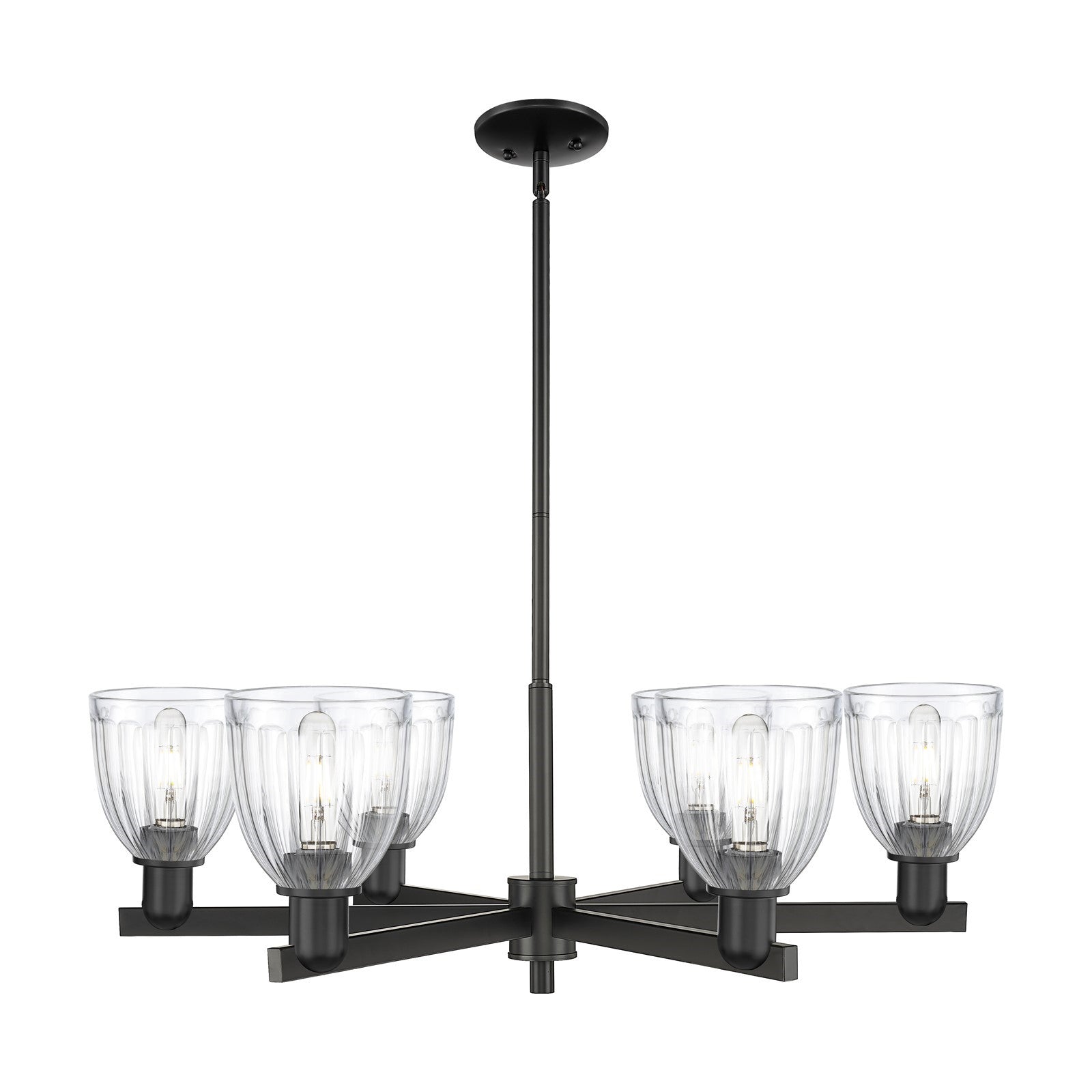 Innovations Brookfield 36in 6-Light Chandelier | Industrial Matte Black Steel and Clear Ribbed Glass | Dining Room & Living Room | Model 716-6CR-BK-G442