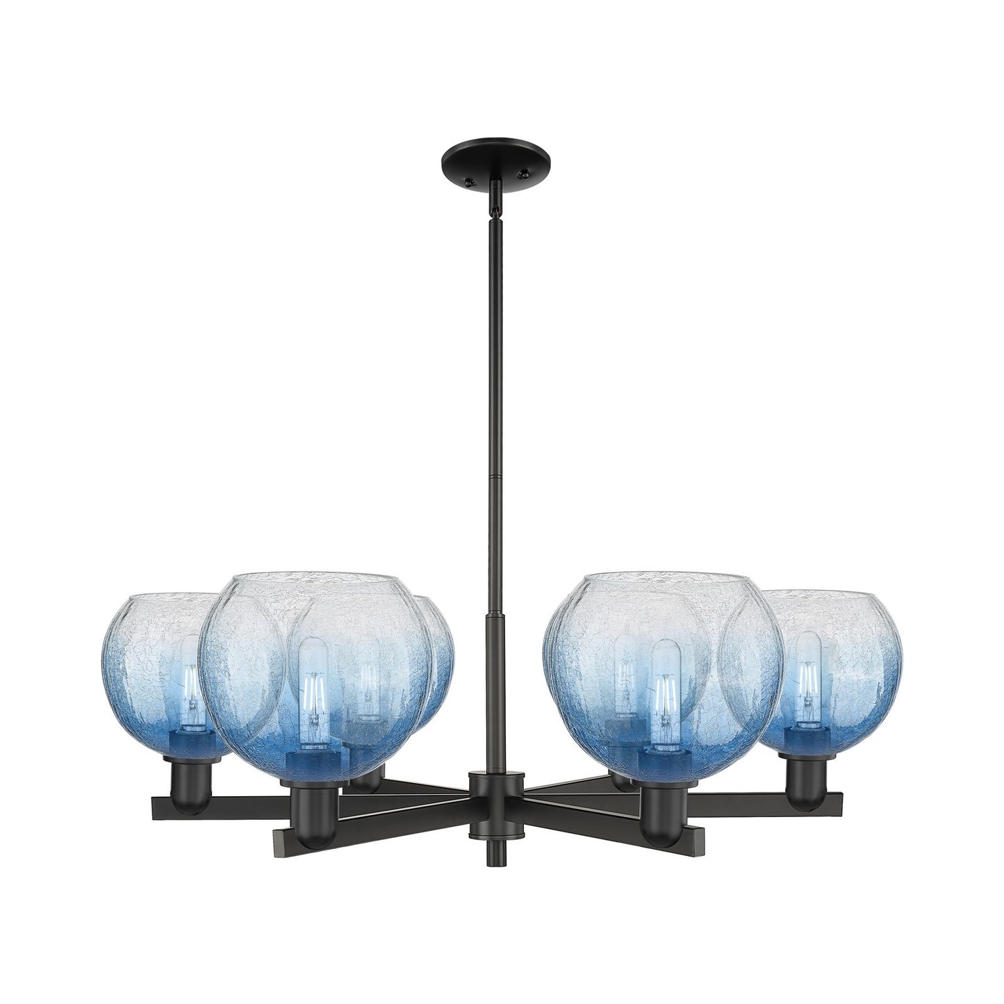 Innovations Brookhaven Globe 38in 6-Light Chandelier | Industrial Matte Black Steel and Sapphire Blue Glass | Dining Room & | Model 716-6CR-BK-G483-8SB