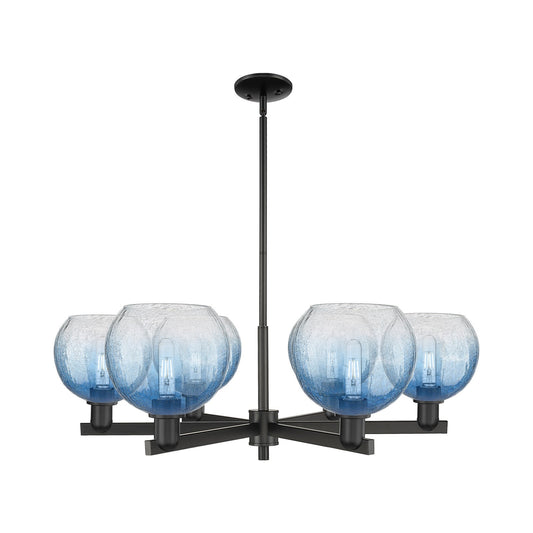 Innovations Brookhaven Globe 38in 6-Light Chandelier | Industrial Matte Black Steel and Sapphire Blue Glass | Dining Room & | Model 716-6CR-BK-G483-8SB