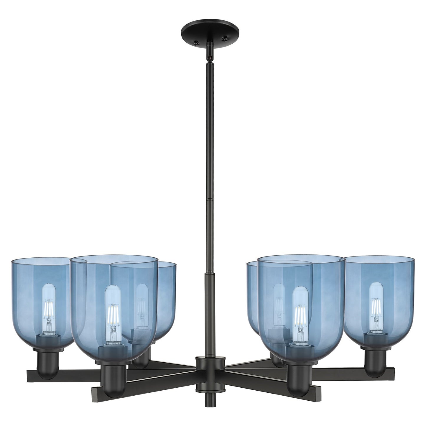 Innovations Bella 35in 6-Light Chandelier | Industrial Matte Black Steel and Blue Glass | Dining Room & Living Room | Model 716-6CR-BK-G558-6BL