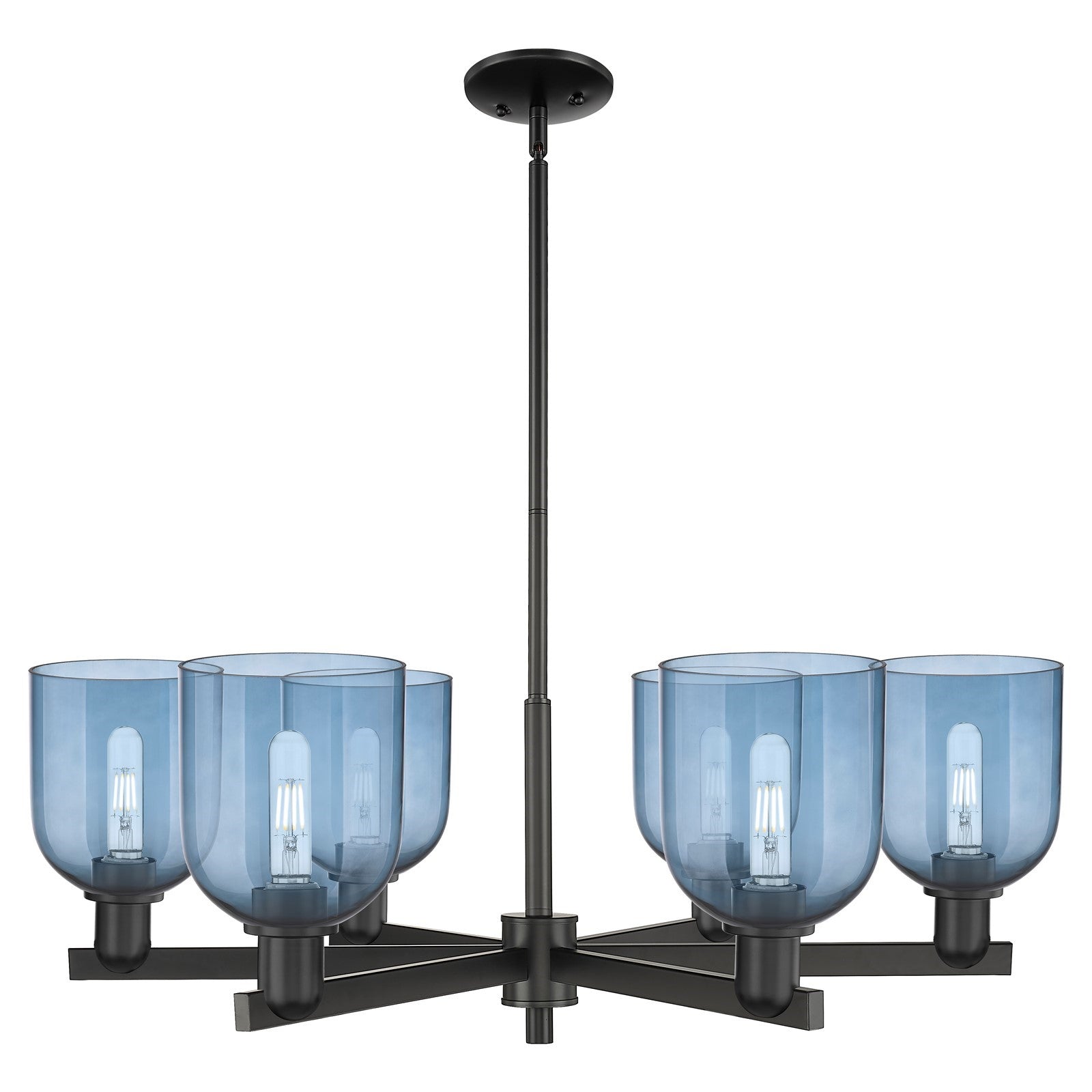 Innovations Bella 35in 6-Light Chandelier | Industrial Matte Black Steel and Blue Glass | Dining Room & Living Room | Model 716-6CR-BK-G558-6BL
