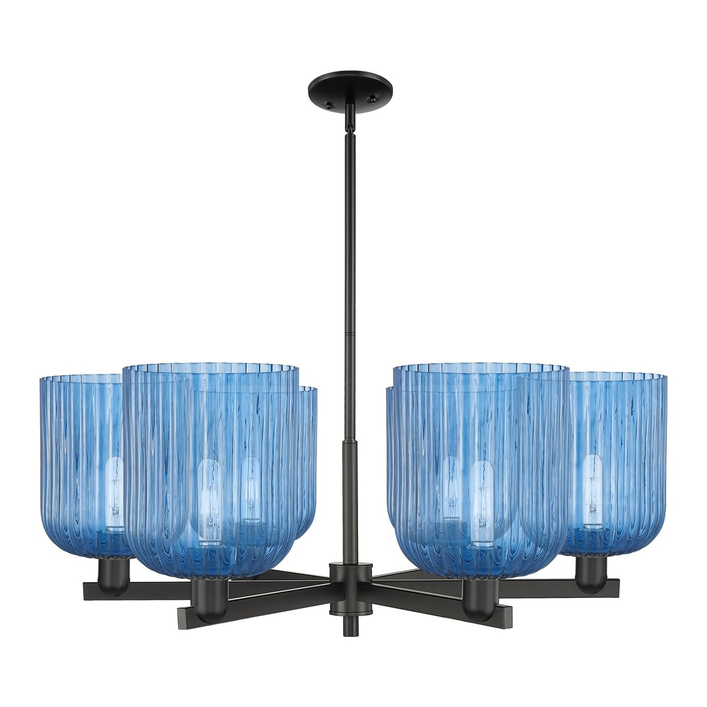 Innovations Bridal Veil 38in 6-Light Chandelier | Industrial Matte Black Steel and Princess Blue Glass | Dining Room & Living | Model 716-6CR-BK-G559-8BL
