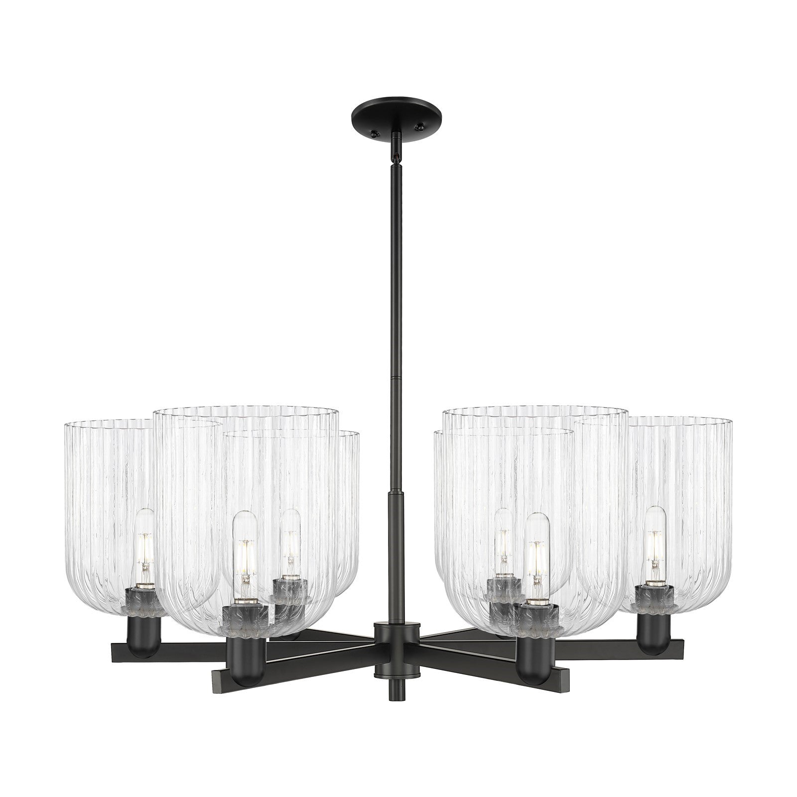 Innovations Bridal Veil 38in 6-Light Chandelier | Industrial Matte Black Steel and Clear Ribbed Glass | Dining Room & Living | Model 716-6CR-BK-G559-8CL