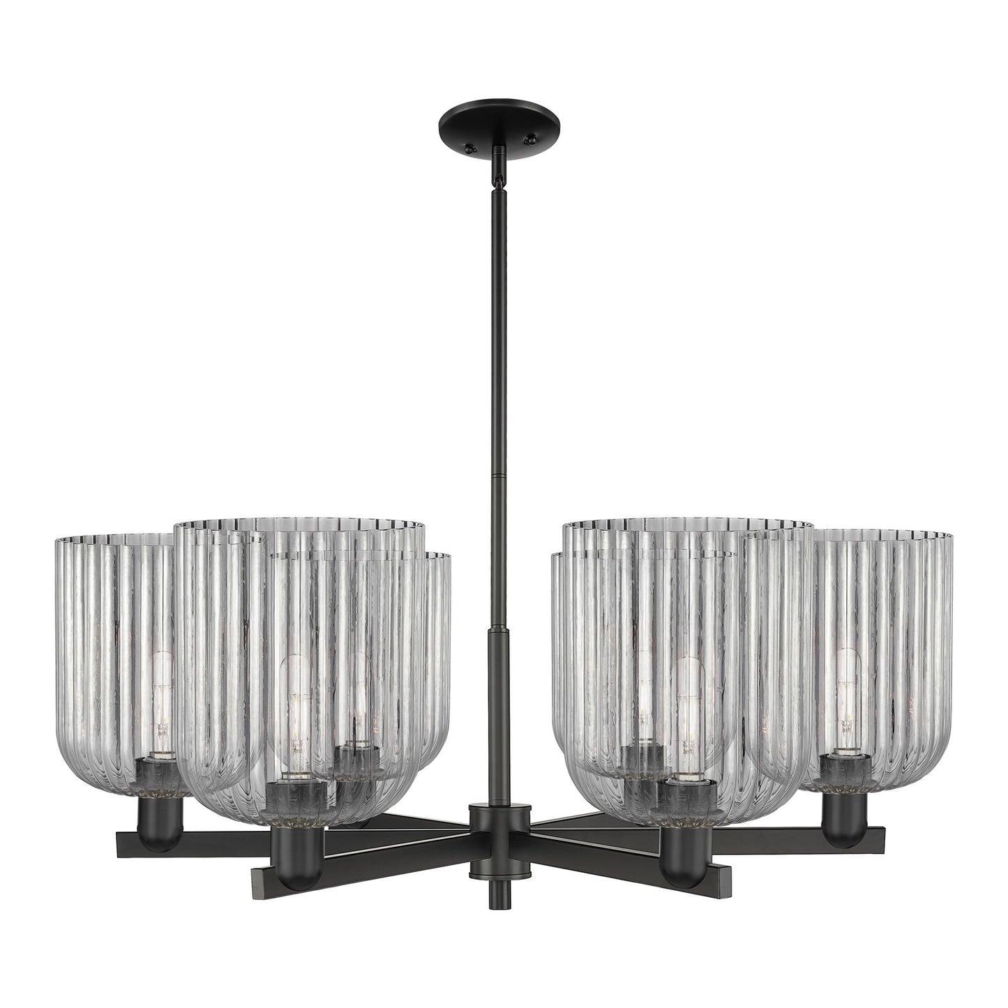Innovations Bridal Veil 38in 6-Light Chandelier | Industrial Matte Black Steel and Light Smoke Ribbed Glass | Damp Rated | Model 716-6CR-BK-G559-8SM