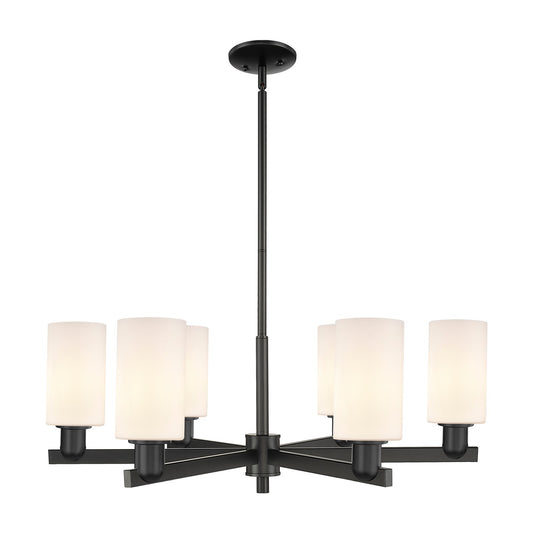 Innovations Clymer 34in 6-Light Chandelier | Industrial Matte Black Steel and Matte White Glass | Kitchen Island & Dining Room | Model 716-6CR-BK-G801