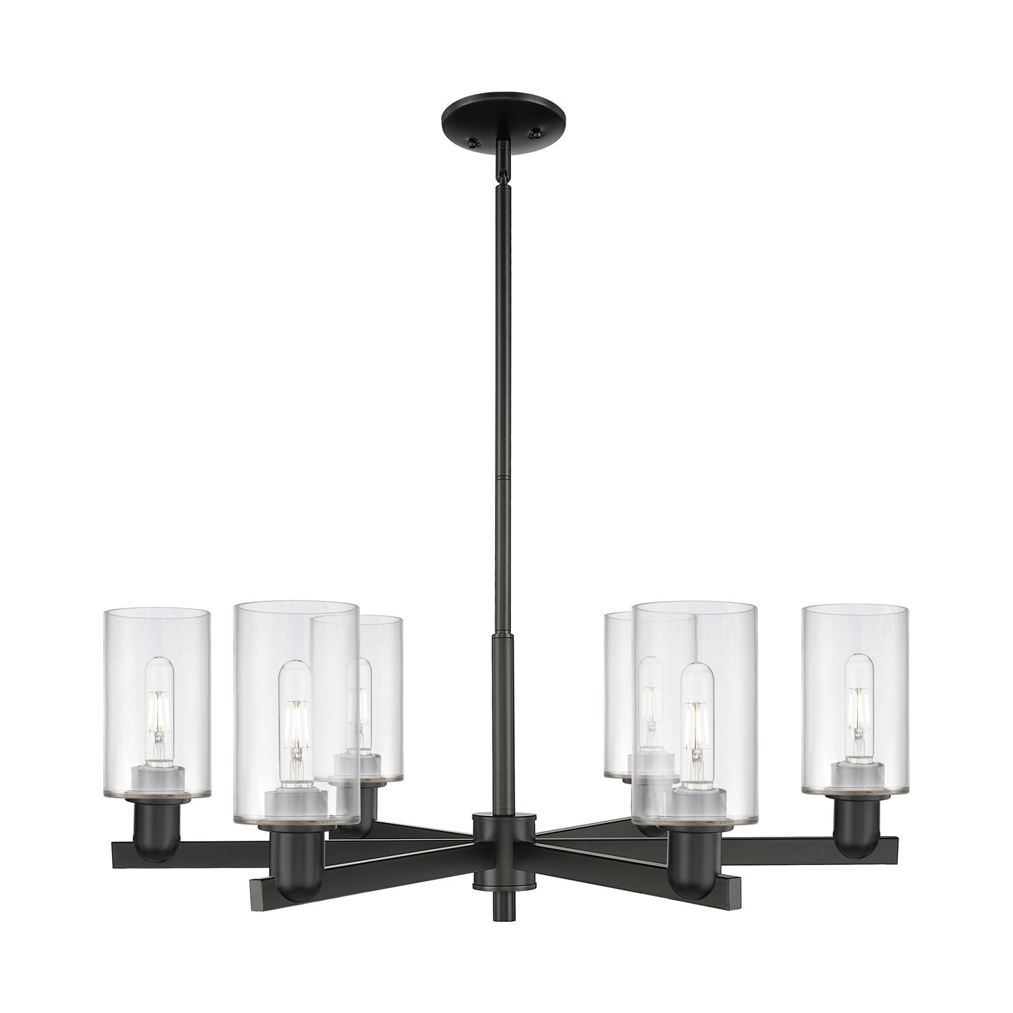 Innovations Clymer 34in 6-Light Chandelier | Industrial Matte Black Steel and Clear Glass | Dining Room & Living Room | Model 716-6CR-BK-G802