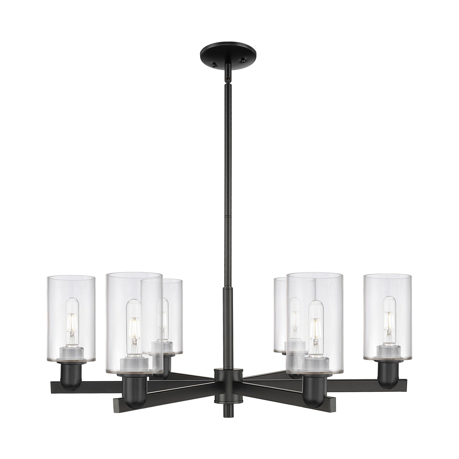 Innovations Clymer 34in 6-Light Chandelier | Industrial Matte Black Steel and Clear Glass | Dining Room & Living Room | Model 716-6CR-BK-G802