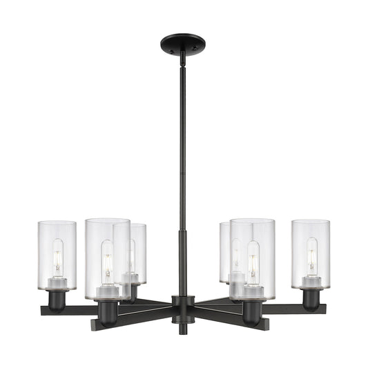 Innovations Clymer 34in 6-Light Chandelier | Industrial Matte Black Steel and Clear Glass | Dining Room & Living Room | Model 716-6CR-BK-G802
