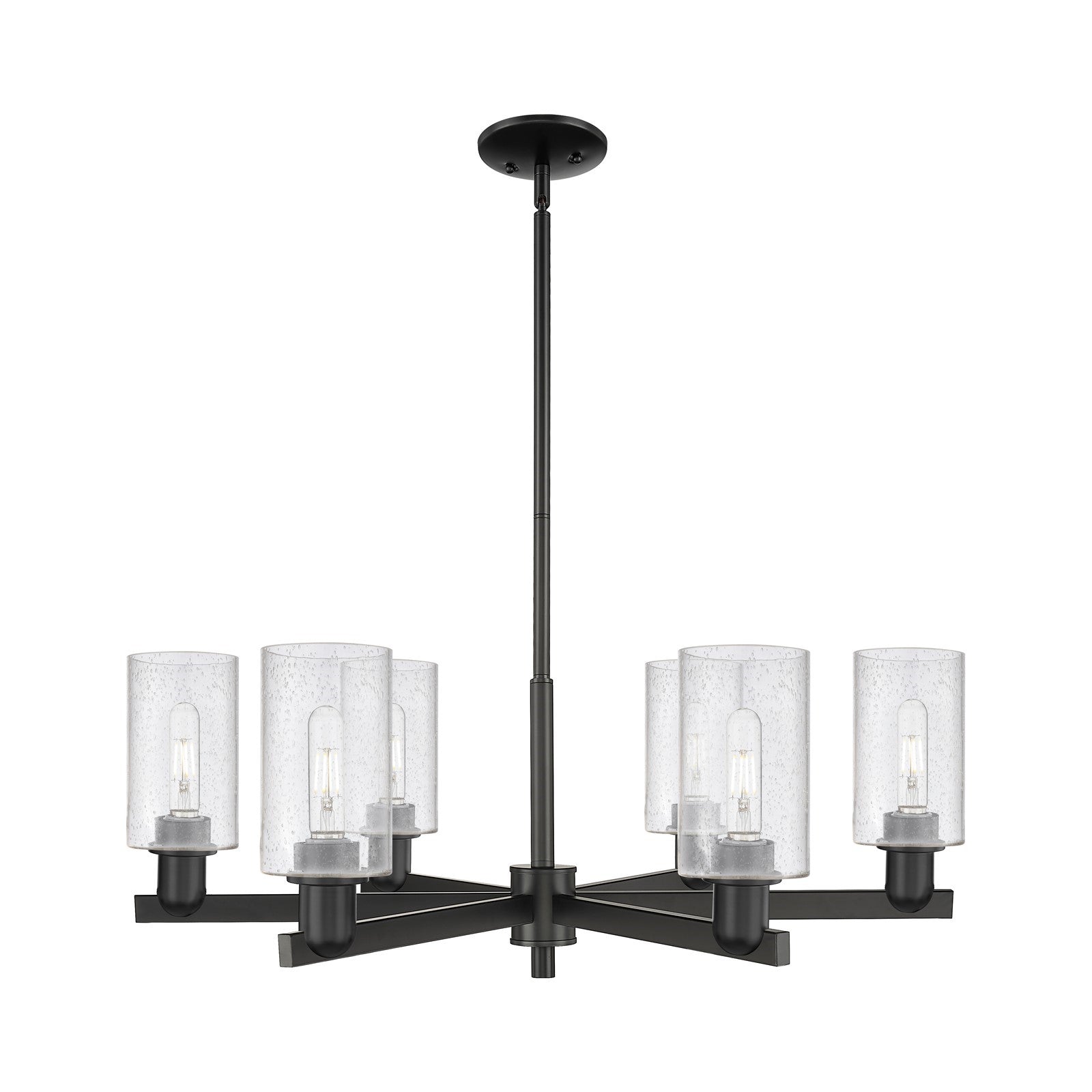 Innovations Clymer 34in 6-Light Chandelier | Industrial Matte Black Steel and Seedy Glass | Dining Room & Living Room | Model 716-6CR-BK-G804