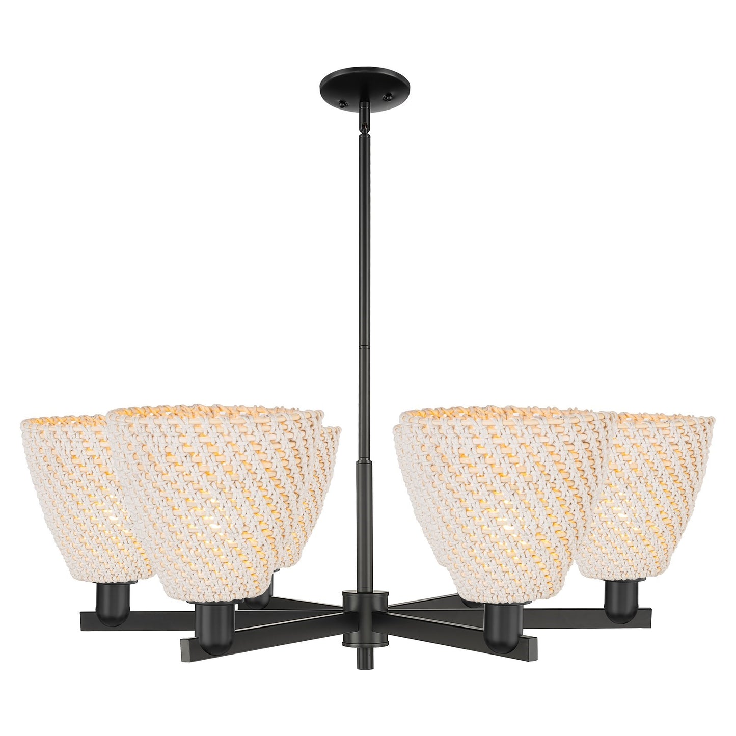 Innovations Bristol Natural 39in 6-Light Chandelier | Industrial Matte Black Steel and Natural Fiber Dome Shade | Dining Room | Model 716-6CR-BK-NBD-9-NAT