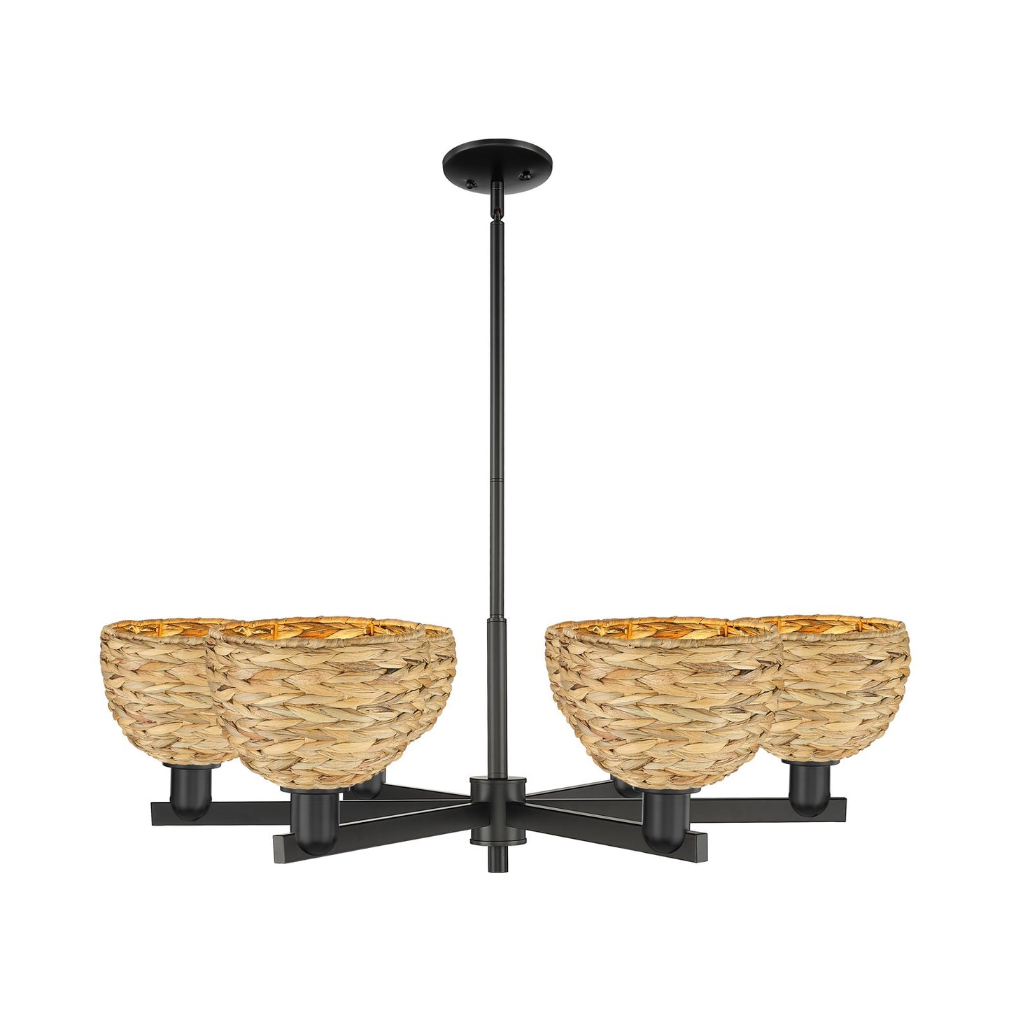 Innovations Woven Rattan 38in 6-Light Chandelier | Industrial Matte Black Steel and Natural Rattan Shade | Dining Room & | Model 716-6CR-BK-RBD-8-NAT
