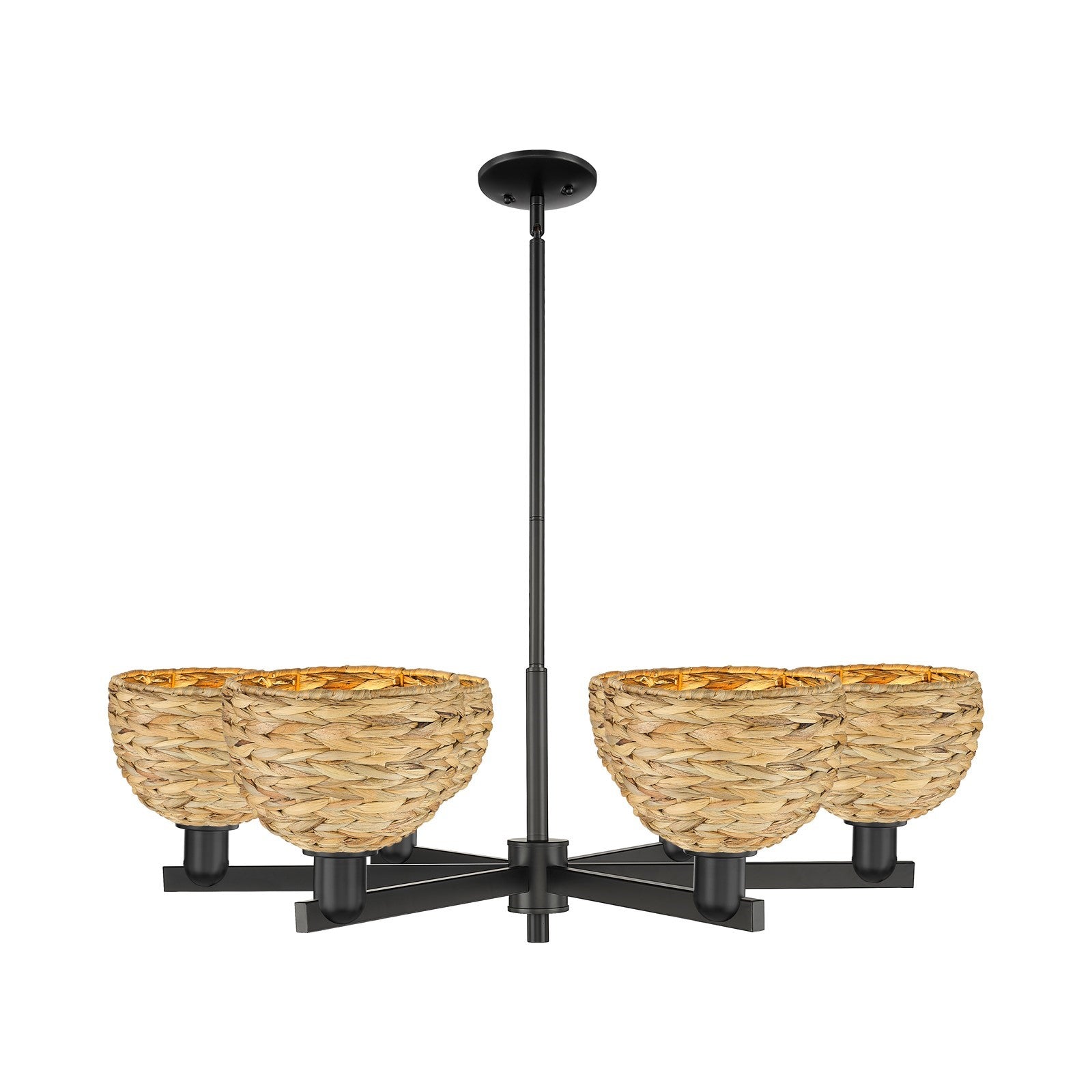 Innovations Woven Rattan 38in 6-Light Chandelier | Industrial Matte Black Steel and Natural Rattan Shade | Dining Room & | Model 716-6CR-BK-RBD-8-NAT
