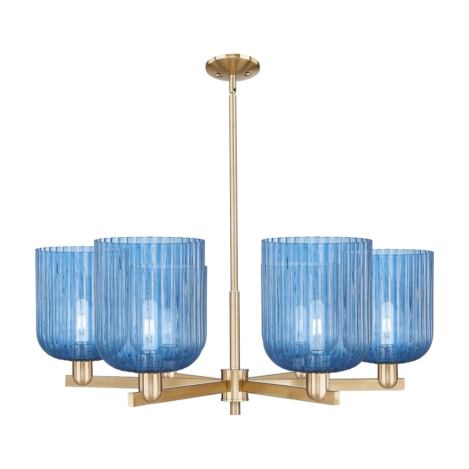 Innovations Bridal Veil 38in 6-Light Chandelier | Industrial Champagne Bronze Steel and Princess Blue Ribbed Glass | Dining | Model 716-6CR-CB-G559-8BL
