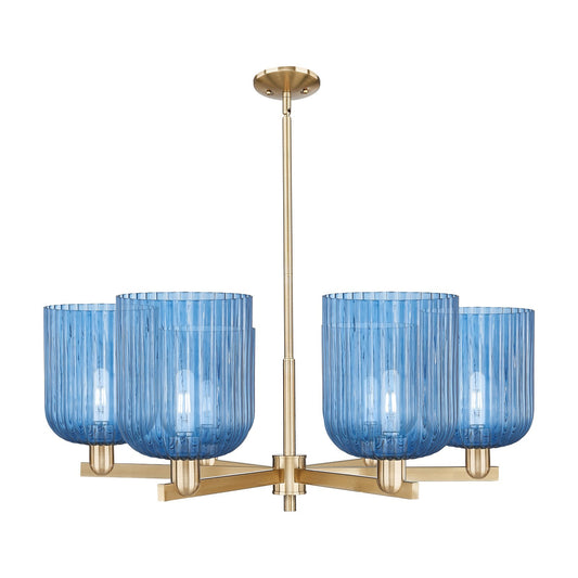 Innovations Bridal Veil 38in 6-Light Chandelier | Industrial Champagne Bronze Steel and Princess Blue Ribbed Glass | Dining | Model 716-6CR-CB-G559-8BL