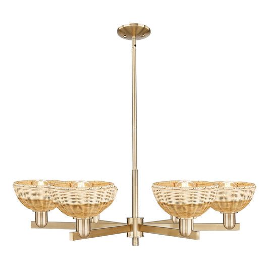 Innovations Natural Ballston Dome 37in 6-Light Chandelier | Farmhouse Champagne Bronze Steel and Natural Fiber Dome Shades | Model 716-6CR-CB-NBD2-75-NAT