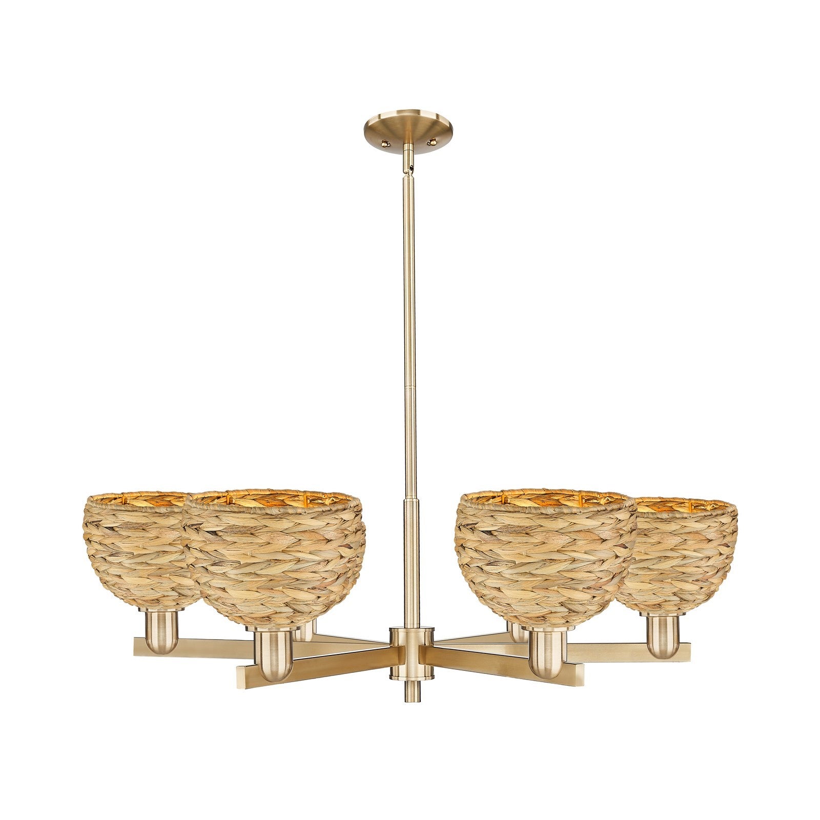 Innovations Woven Rattan 38in 6-Light Chandelier | Industrial Champagne Bronze Steel and Natural Fiber Dome Shade | Dining | Model 716-6CR-CB-RBD-8-NAT
