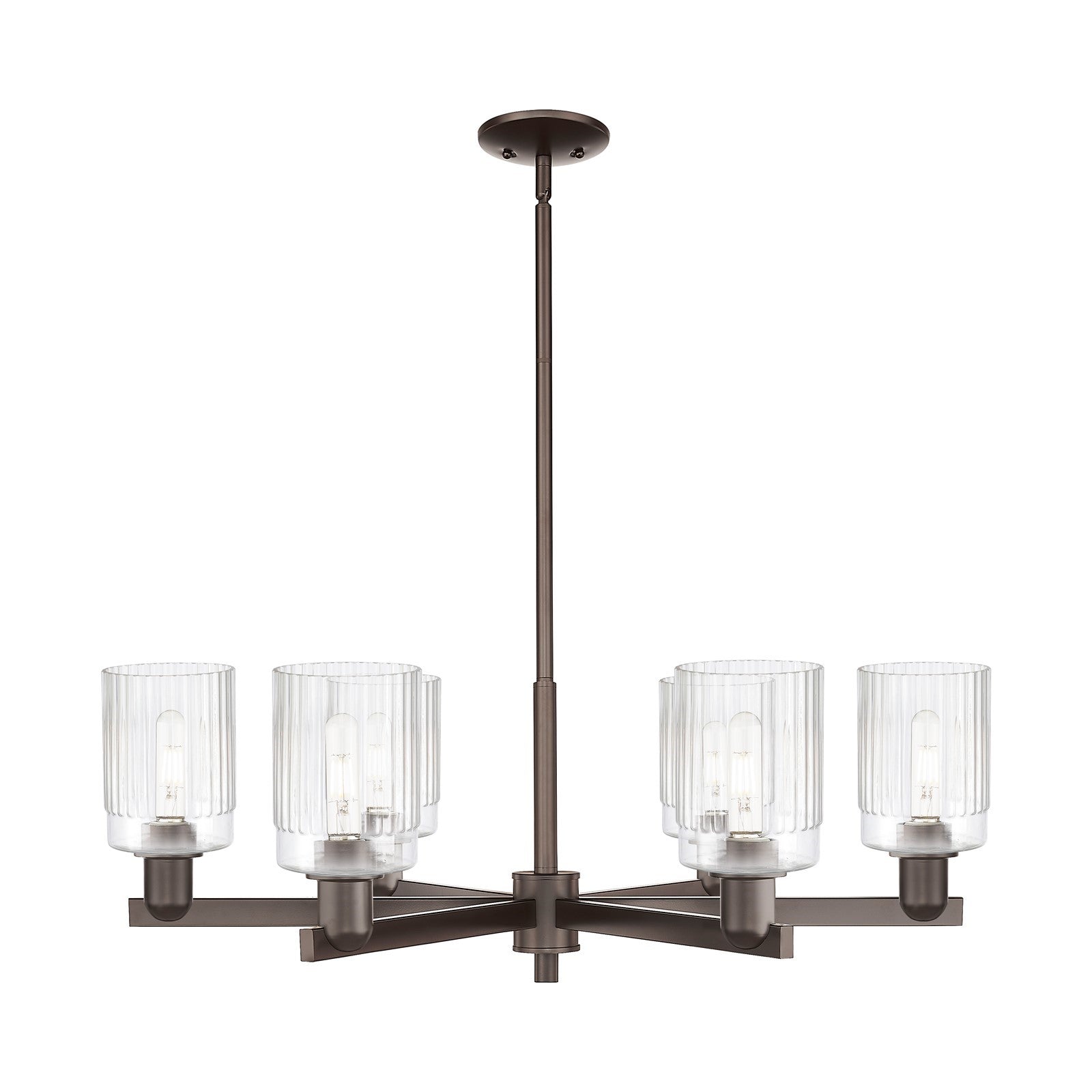 Innovations Hadley 34in 6-Light Chandelier | Industrial Oil Rubbed Bronze Steel and Clear Ribbed Glass | Dining Room & Living Room | Model 716-6CR-OB-G342