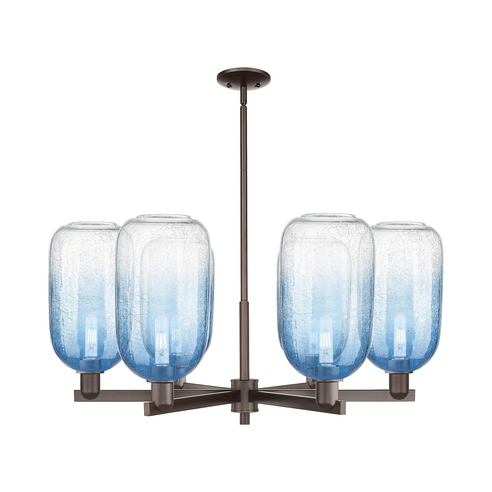Innovations Brookhaven Cloche 36.75in 6-Light Chandelier | Industrial Oil Rubbed Bronze and Sapphire Blue Glass | Dining Room | Model 716-6CR-OB-G482-7SB