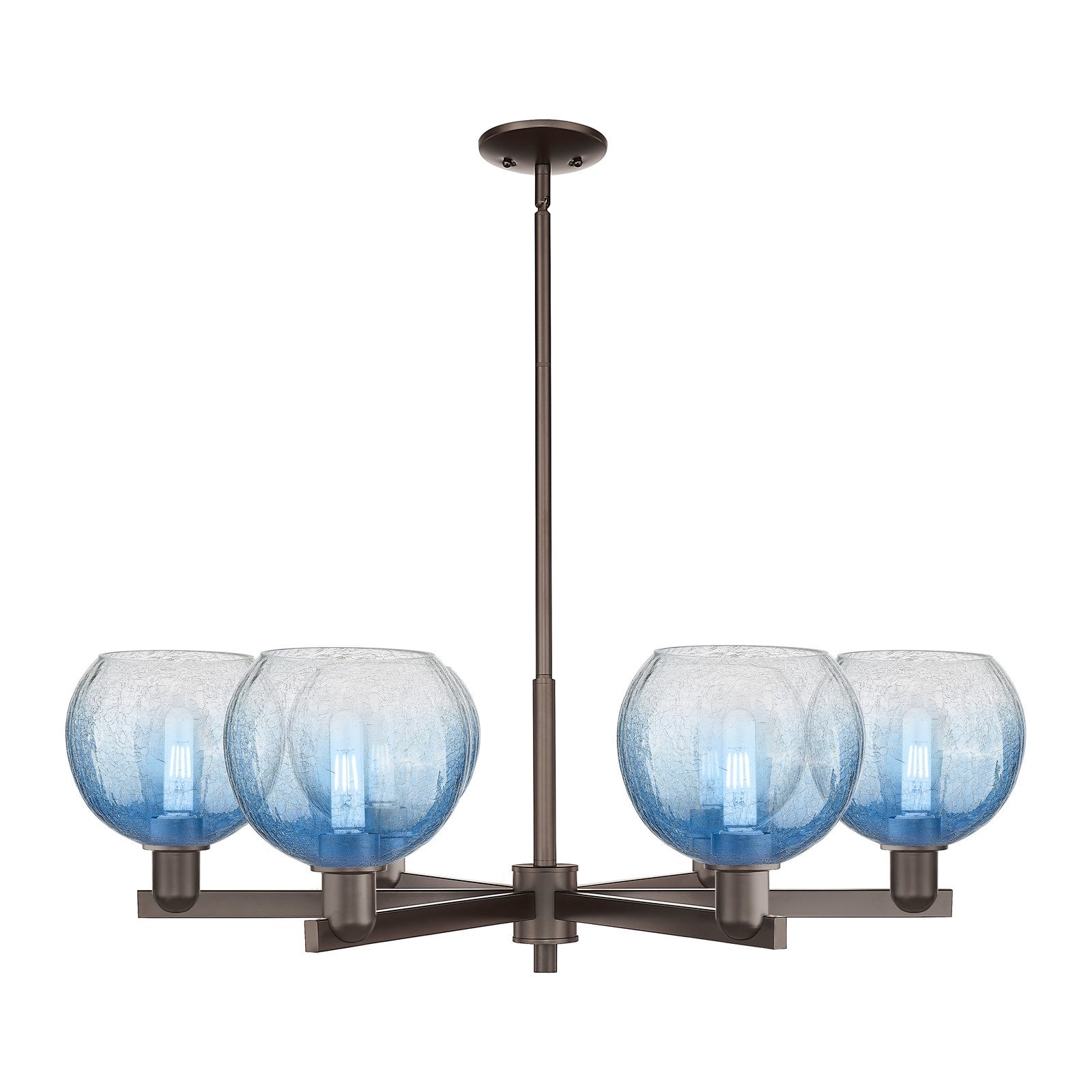 Innovations Brookhaven Globe 37.75in 6-Light Chandelier | Industrial Oil Rubbed Bronze Steel and Sapphire Blue Glass | Dining | Model 716-6CR-OB-G483-8SB