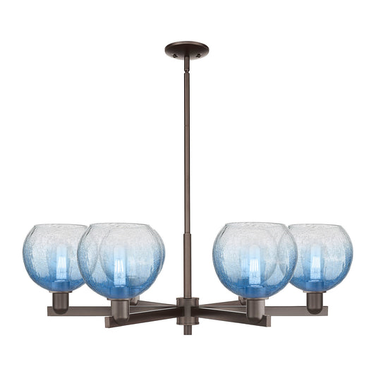 Innovations Brookhaven Globe 37.75in 6-Light Chandelier | Industrial Oil Rubbed Bronze Steel and Sapphire Blue Glass | Dining | Model 716-6CR-OB-G483-8SB
