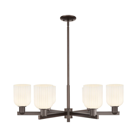 Innovations Bridal Veil 34.75in 6-Light Chandelier | Industrial Oil Rubbed Bronze Steel and Gloss White Ribbed Glass | Dining | Model 716-6CR-OB-G559-5GWH