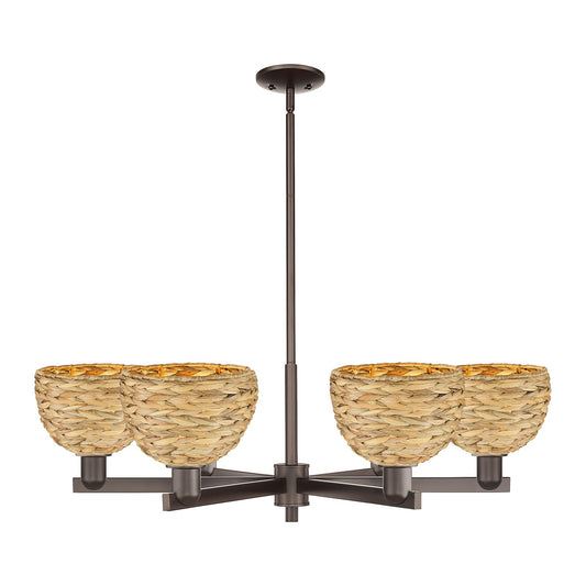 Innovations Arcadia 38in 6-Light Chandelier | Industrial Oil Rubbed Bronze and Natural Rattan | Dining Room & Living Room | Model 716-6CR-OB-RBD-8-NAT