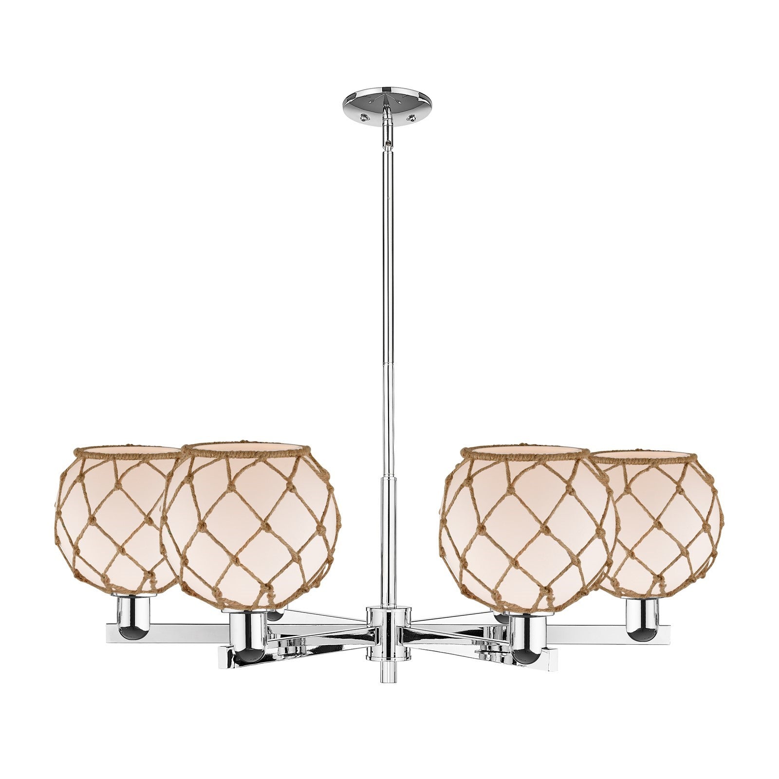 Innovations Farmhouse Rope 38in 6-Light Chandelier | Industrial Polished Chrome and White Glass with Brown Rope | Dining Room | Model 716-6CR-PC-G121-8RB