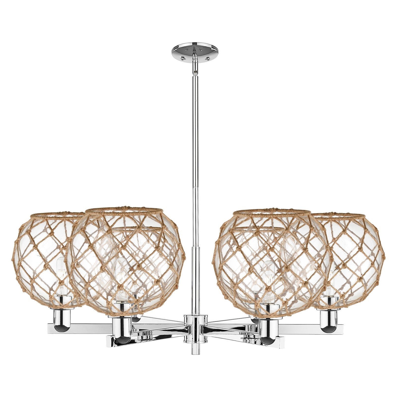 Innovations Farmhouse Rope 40in 6-Light Chandelier | Industrial Polished Chrome and Clear Glass with Brown Rope | Dining Room | Model 716-6CR-PC-G122-10RB