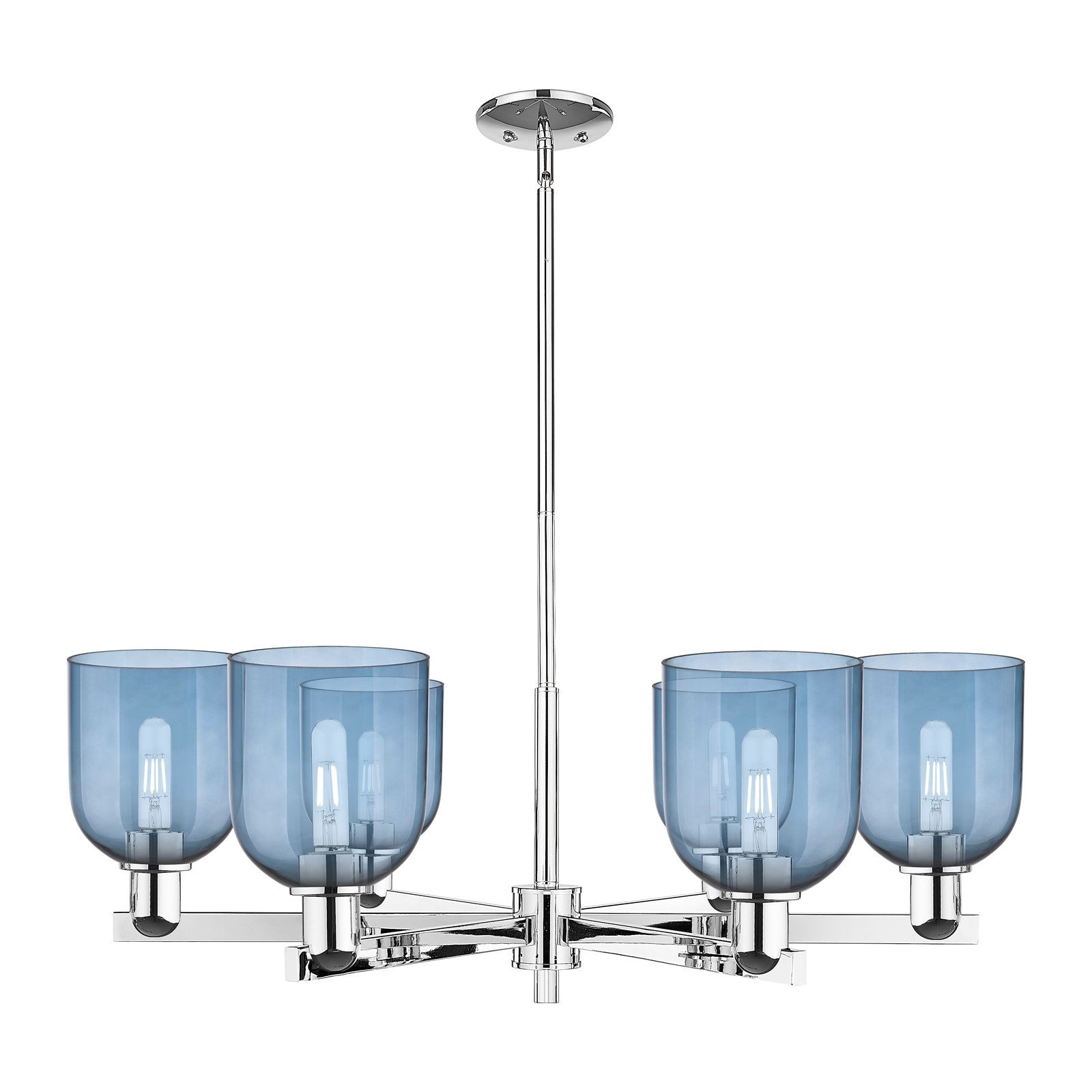 Innovations Bella 35in 6-Light Chandelier | Industrial Polished Chrome and Blue Glass | Dining Room & Living Room | Model 716-6CR-PC-G558-6BL