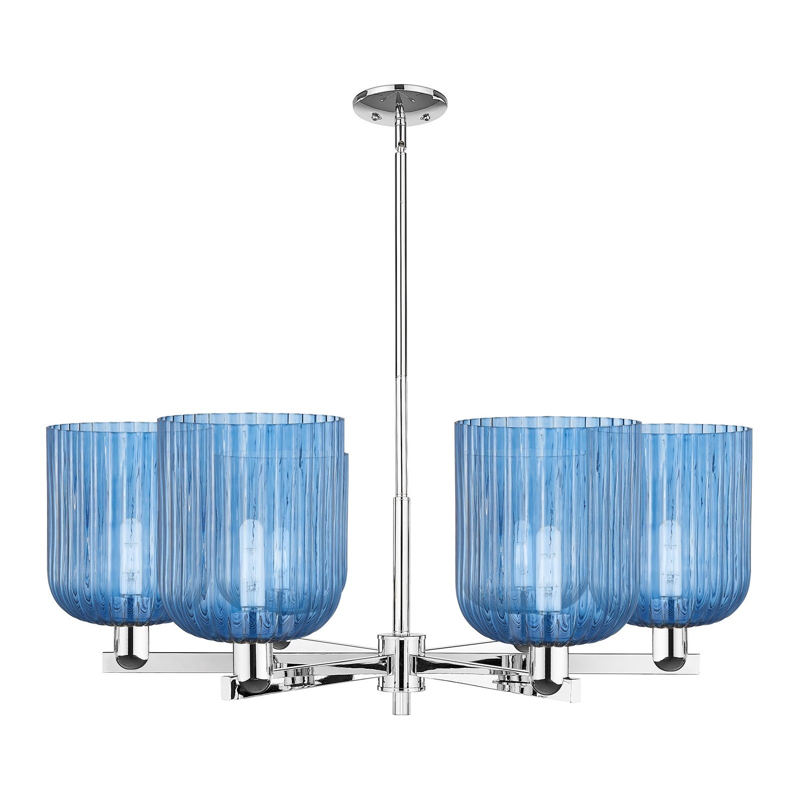 Innovations Bridal Veil 38in 6-Light Chandelier | Industrial Polished Chrome and Princess Blue Ribbed Glass | Kitchen Island & | Model 716-6CR-PC-G559-8BL