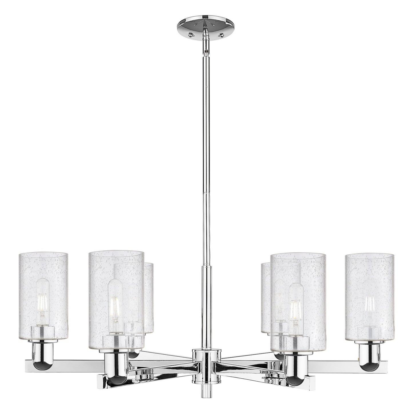 Innovations Clymer 34in 6-Light Chandelier | Industrial Polished Chrome and Seedy Glass | Dining Room & Living Room | Model 716-6CR-PC-G804