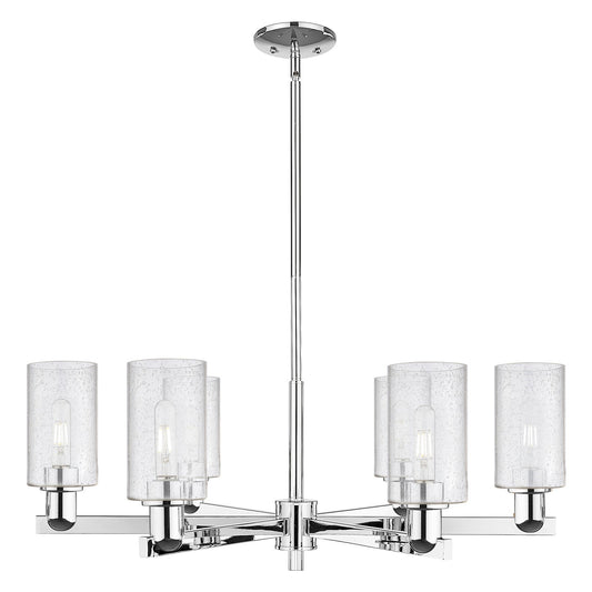 Innovations Clymer 34in 6-Light Chandelier | Industrial Polished Chrome and Seedy Glass | Dining Room & Living Room | Model 716-6CR-PC-G804