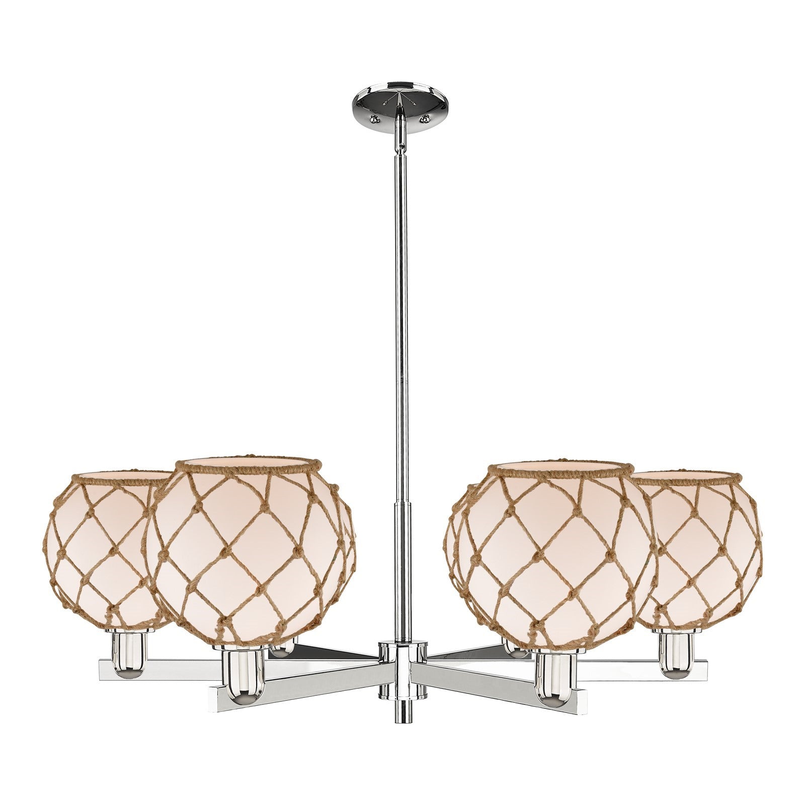 Innovations Farmhouse Rope 38in 6-Light Chandelier | Industrial Polished Nickel and White Glass with Brown Rope | Dining Room | Model 716-6CR-PN-G121-8RB