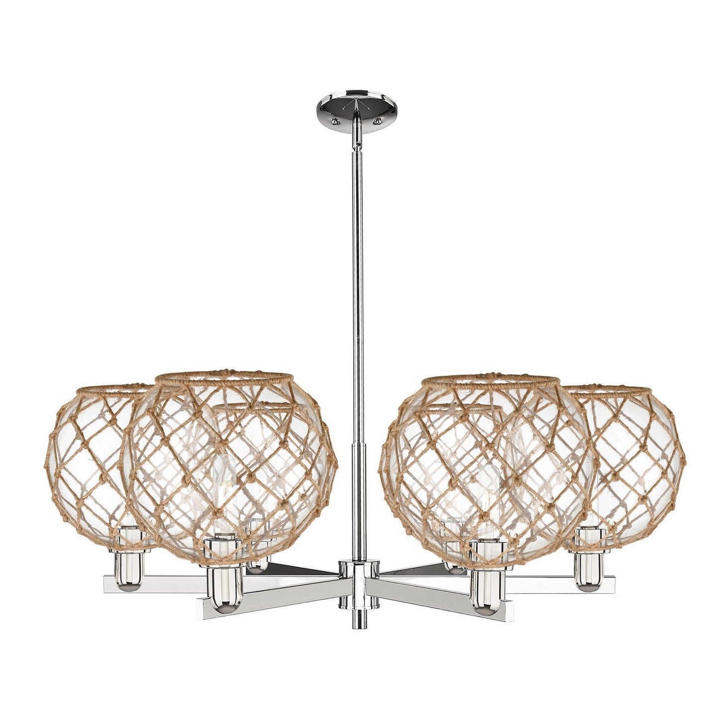 Innovations Farmhouse Rope 40in 6-Light Chandelier | Industrial Polished Nickel Steel and Clear Glass with Brown Rope | Model 716-6CR-PN-G122-10RB