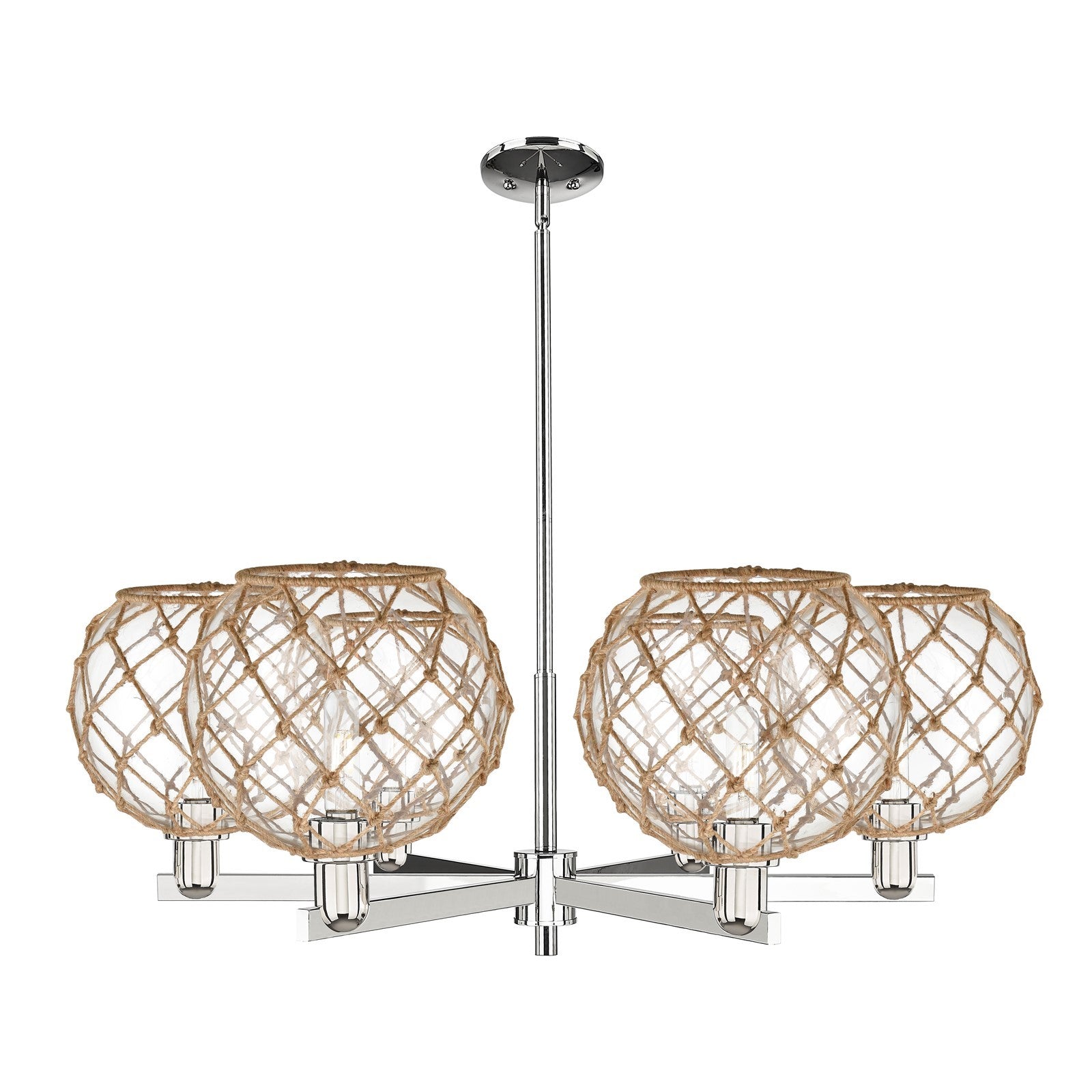 Innovations Farmhouse Rope 40in 6-Light Chandelier | Industrial Polished Nickel Steel and Clear Glass with Brown Rope | Model 716-6CR-PN-G122-10RB