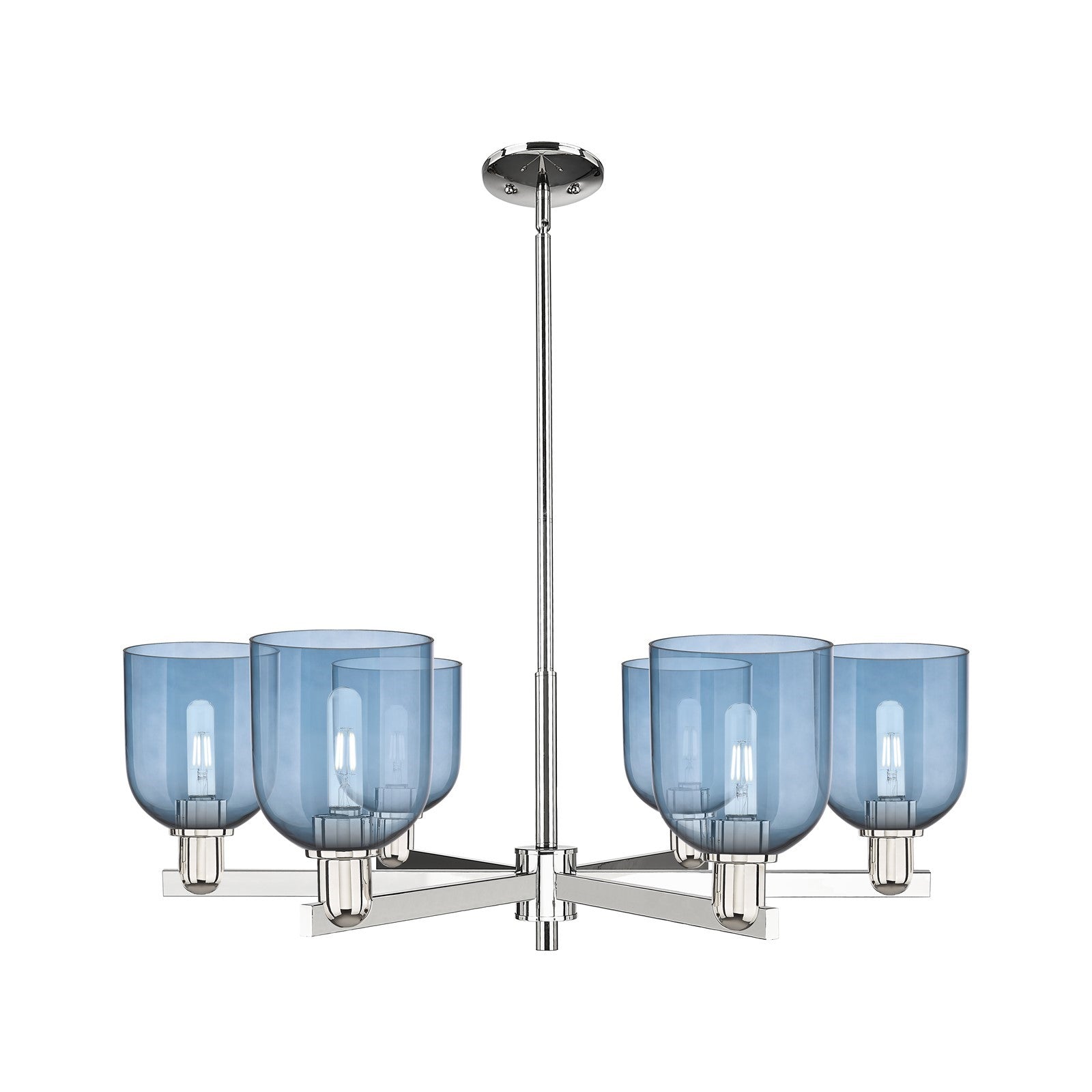 Innovations Bella 35in 6-Light Chandelier | Industrial Polished Nickel and Blue Glass | Dining Room & Living Room | Model 716-6CR-PN-G558-6BL