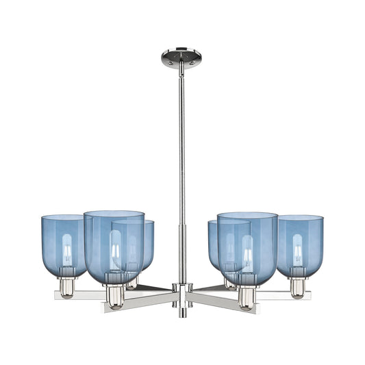 Innovations Bella 35in 6-Light Chandelier | Industrial Polished Nickel and Blue Glass | Dining Room & Living Room | Model 716-6CR-PN-G558-6BL