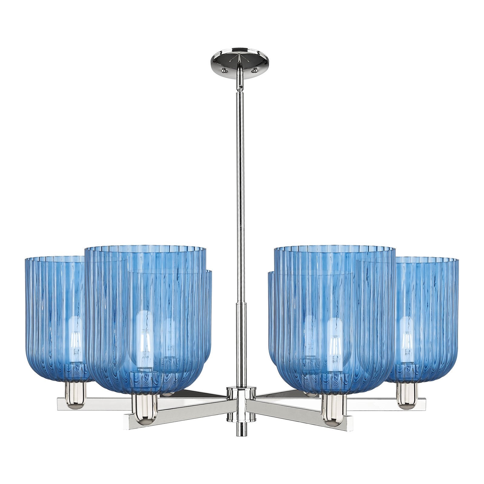 Innovations Bridal Veil 38in 6-Light Chandelier | Industrial Polished Nickel and Princess Blue Glass | Damp-Rated Dining Room | Model 716-6CR-PN-G559-8BL