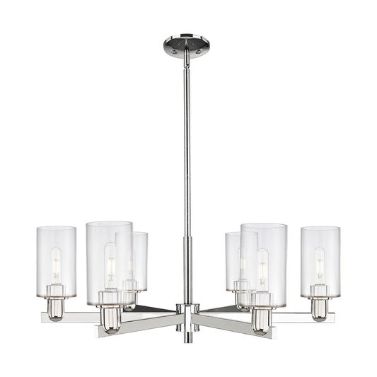 Innovations Clymer 34in 6-Light Chandelier | Industrial Polished Nickel and Clear Glass | Dining Room & Living Room | Model 716-6CR-PN-G802