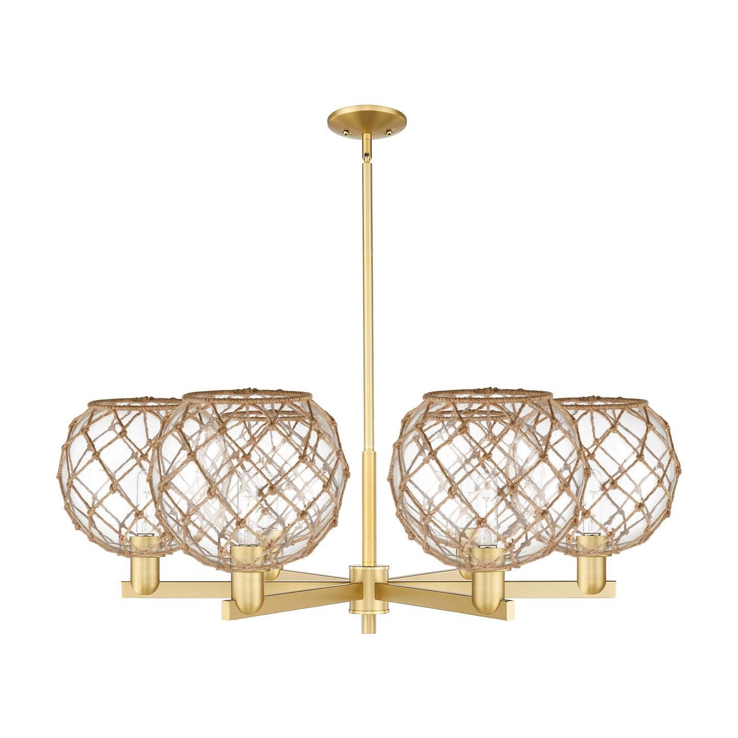Innovations Farmhouse Rope 40in 6-Light Chandelier | Industrial Satin Gold Steel and Clear Glass with Brown Rope | Dining | Model 716-6CR-SG-G122-10RB