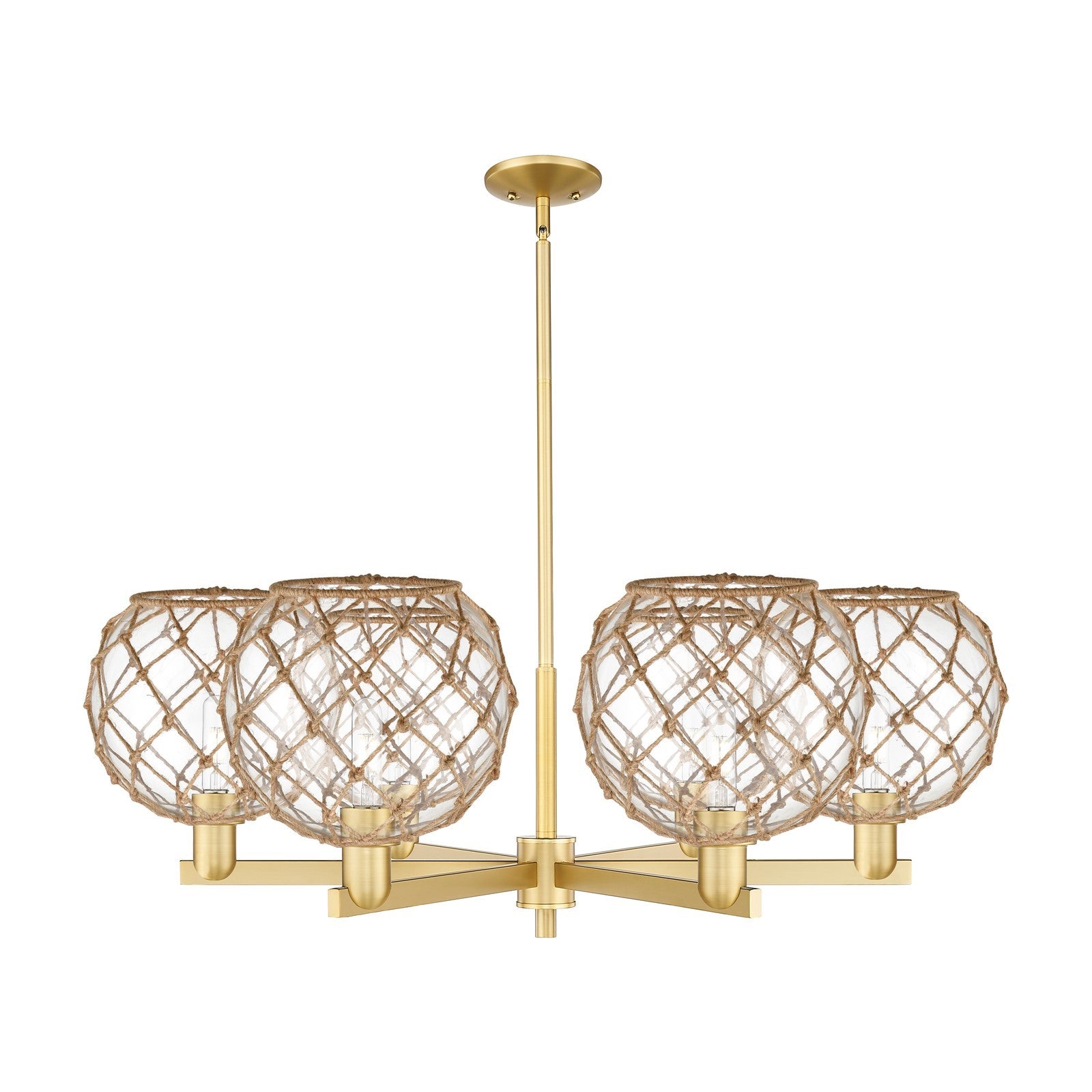 Innovations Farmhouse Rope 40in 6-Light Chandelier | Industrial Satin Gold Steel and Clear Glass with Brown Rope | Dining | Model 716-6CR-SG-G122-10RB