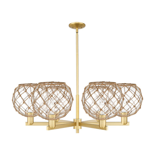 Innovations Farmhouse Rope 40in 6-Light Chandelier | Industrial Satin Gold Steel and Clear Glass with Brown Rope | Dining | Model 716-6CR-SG-G122-10RB